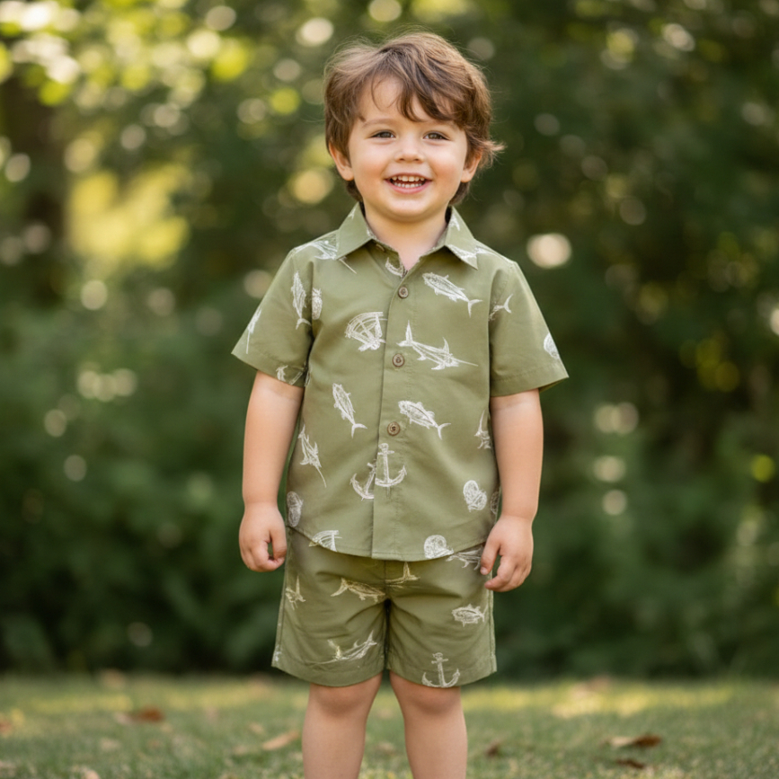 Conjunto Infantil Masculino Estampas Diversas na Loja 2 Peças de Criança Camisa de Botão e Short Bermuda Crepinho Menino