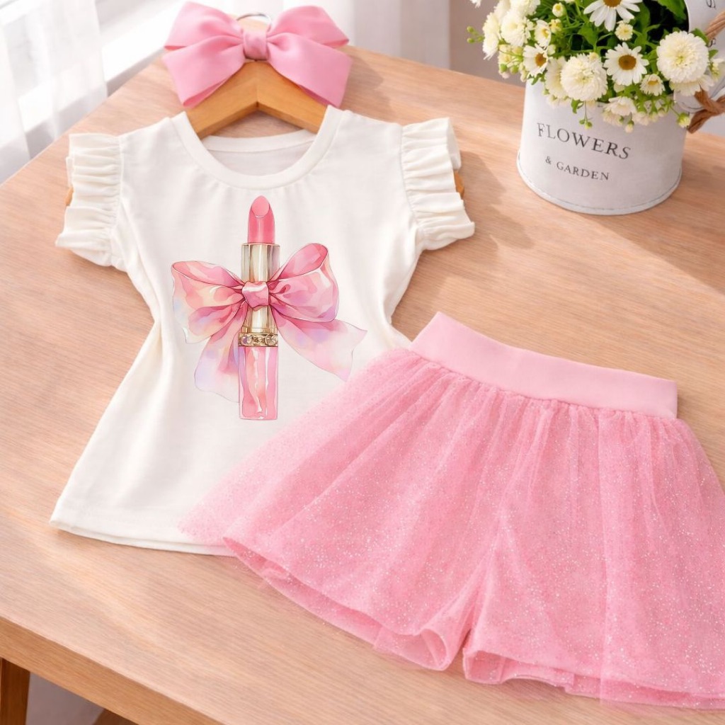 Conjunto menina infantil Batom - Short saia e blusa babado conjunto fashion estiloso confortavel dia a dia verão menina