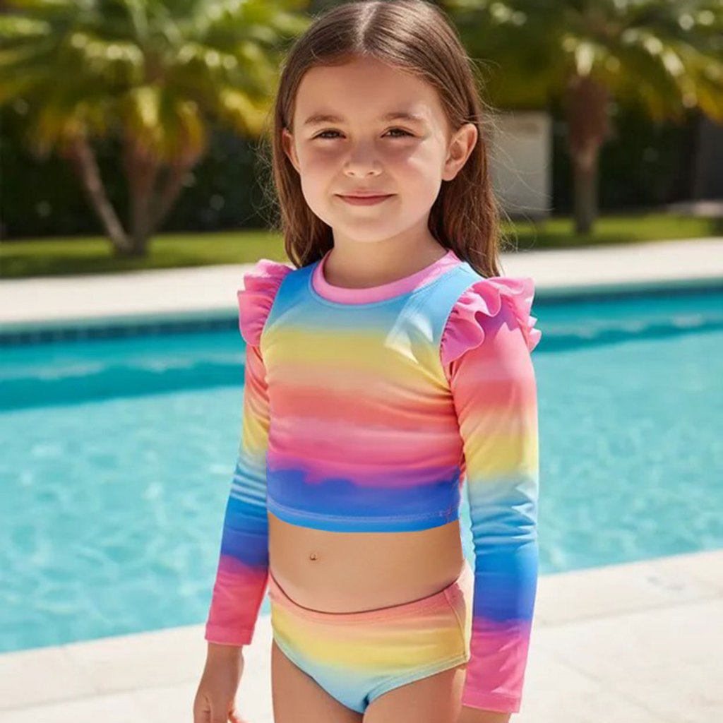 Biquíni Infantil Proteção UV 50+ Cecí Top Cropped Manga Longa Menina Tie Dye Pôr do Sol Feminino Praia e Piscina