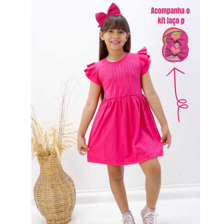 Vestido Infantil Menina 2 ao 8 anos + kit laço para cabelos Aplique em Strass Rosa Pink Brilhante...
