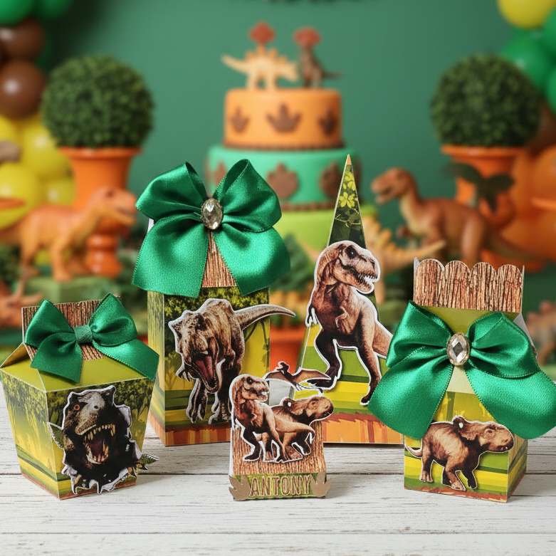 Kit Lembrancinhas Personalizadas Jurassic Park Dinossauros | CAIXAS PRONTAS C/ APLIQUE 3D E LAÇOS