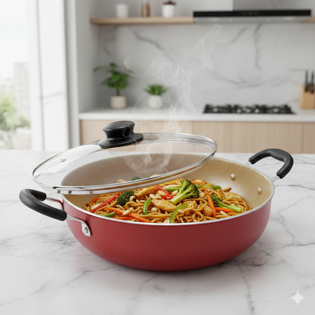 Wok 28cm Antiaderente 4,5L Tampa Vidro 2 Alças Frigideira Alta Grande