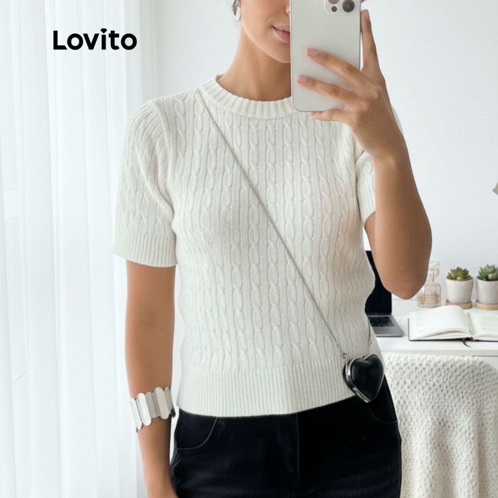 Lovito Blusa Tricô Lisa Casual Feminina LB392BRL421 em Oferta na Shopee