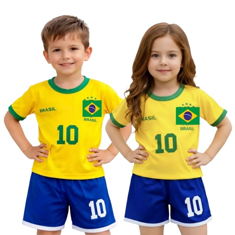Camiseta do Brasil + Short Infantil Calção Futebol Copa Bermuda e Camisa do Brasil Menino e Menina Uniforme Torcida