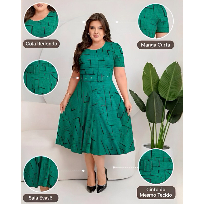 VESTIDO MIDI SAIA GODE  RODADA  MANGA CURTA GOLA REDONDA EN VISCOLYCRA PREMIUM em Oferta na Shopee