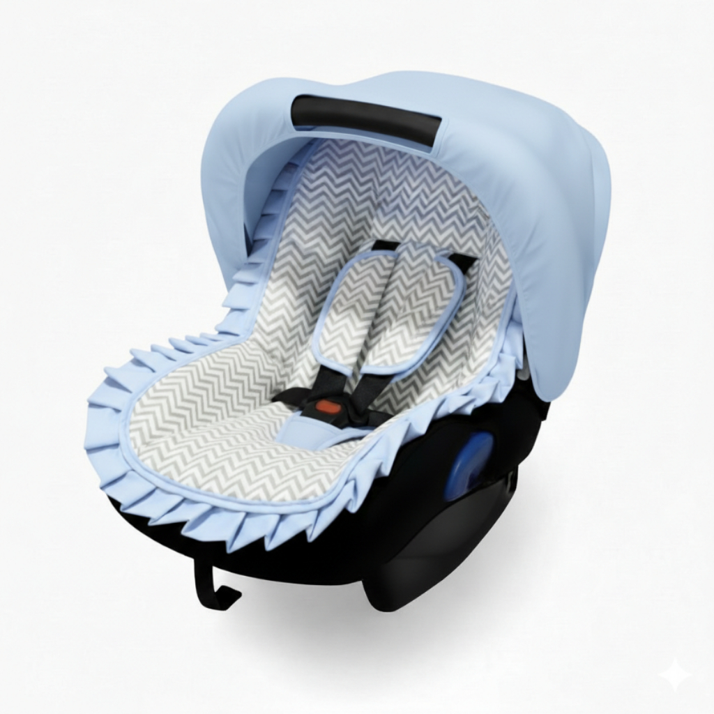 Capa de Bebe Conforto Bebê + Capota Solar + Jogo Protetor de Cinto Chevron Cinza com Azul