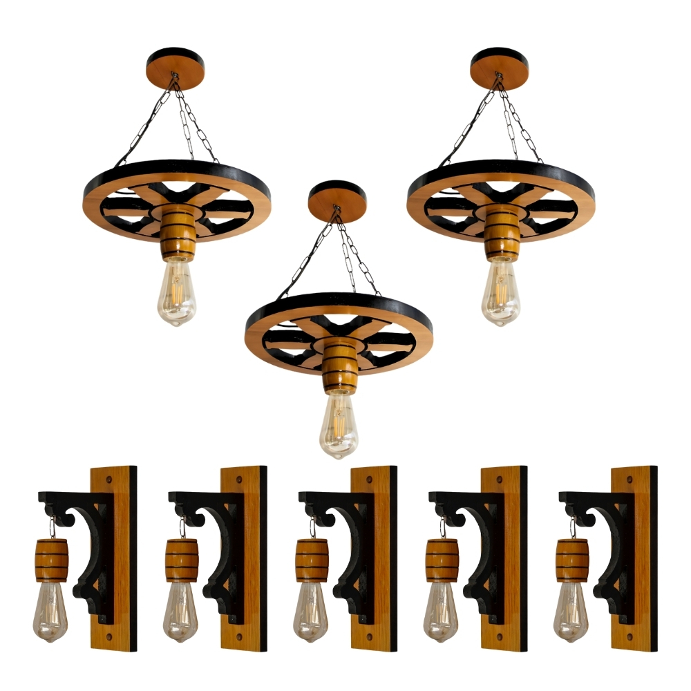 Kit 8 Luminárias Pendente Roda de Carroça e Luminárias Arandela Clássica Para Decoração - Cerejeira