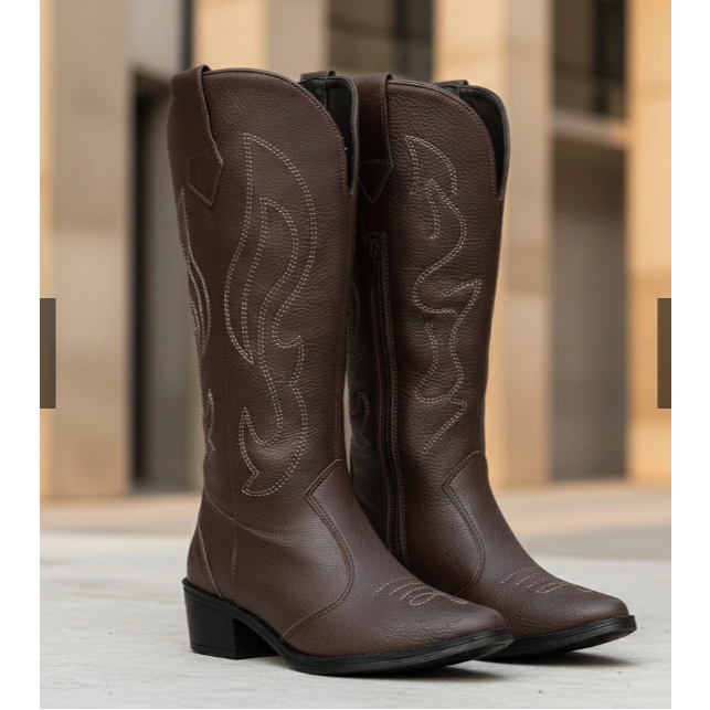 Bota Feminina Cano Longo Alto Texana Country Boiadeira Confortavel Tendencia Moda Bordado Western