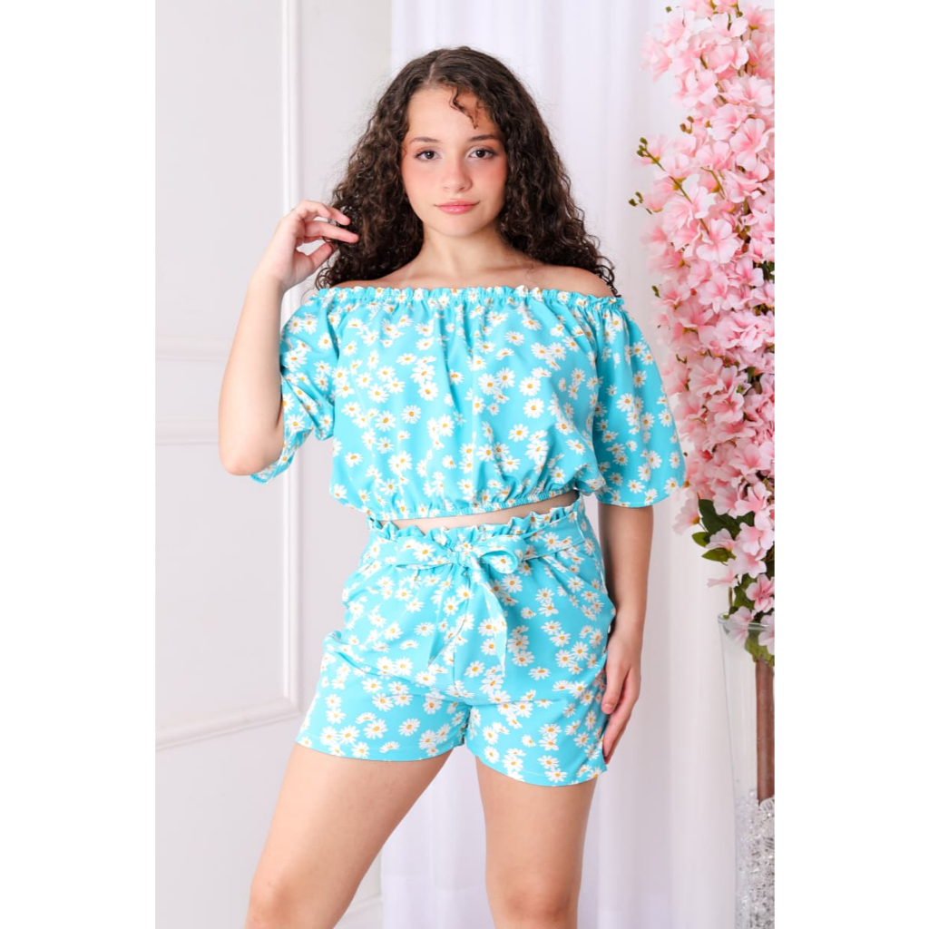 Conjunto Infantil Juvenil Crepinho Estampado Blusa Cropped Elástico Shorts Clochard Meninas CJI040 PoaTrend Fashion Styl