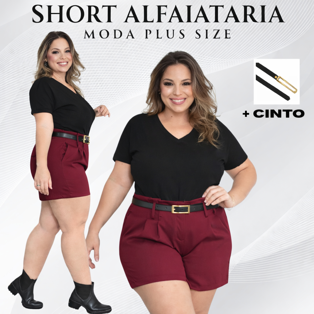 Short Feminino Alfaiataria Plus c/ Cinto Cintura Alta e Bolso embutido com pregas na frente confortavel elegante moda em Oferta na Shopee