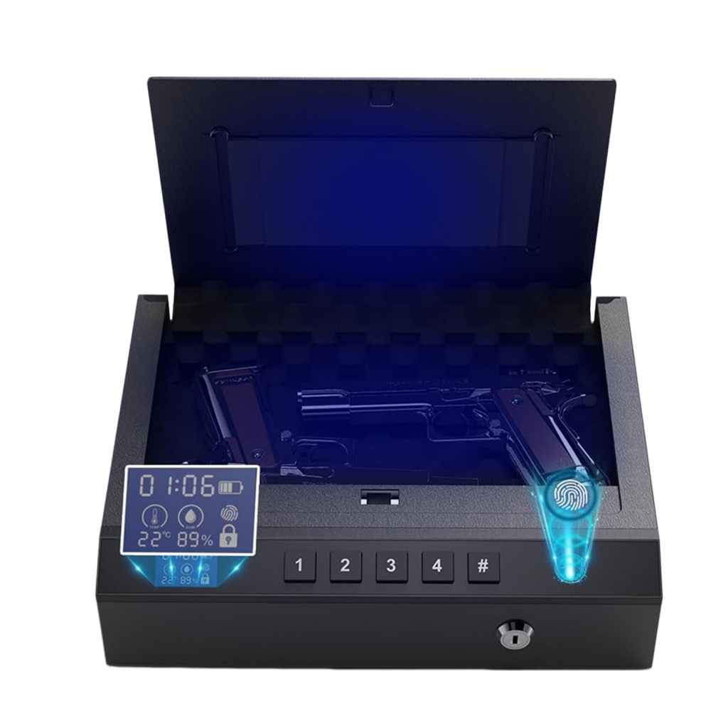 Cofre Eletrônico Para Armas Curtas Com Biometria, Digital E Mecânico Com Display Abertura Superior