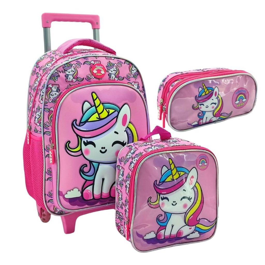 Kit Mochila Rodinha Unicornio 3D Infantil com Lancheira Térmica e Estojo Meninas Tamanho Grande