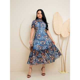 Vestido  Elegance, Look Midi Femenino, Estampado, com Babado, Manga Curta, Malha de Tulin, Sofisticado, Look Casual.