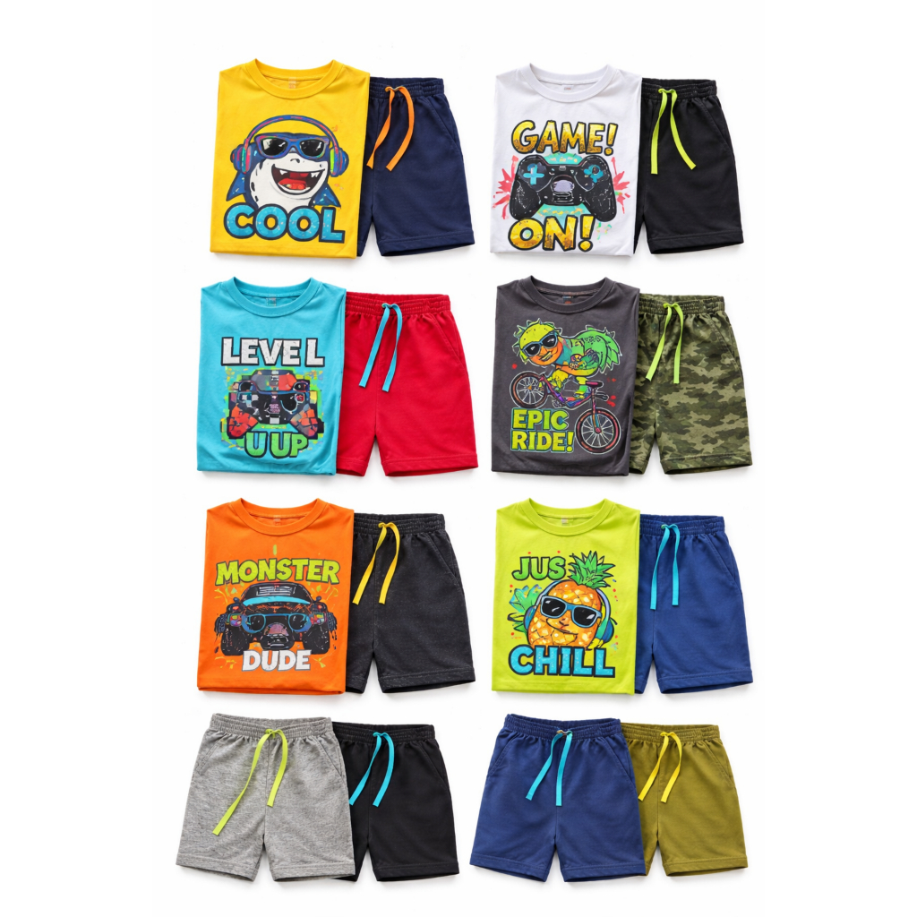 Conjunto para Menino Infantil de verão SORTIDO 2 peças 1 camiseta + 1 shorts