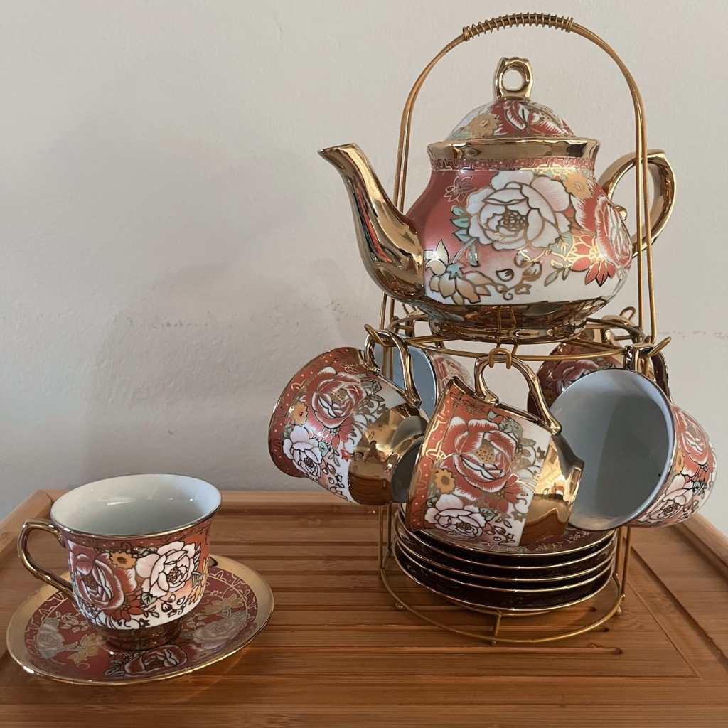 Bule Com Xicaras e Pires Conjunto Kit 13 Pecas Presente Dia das Mães