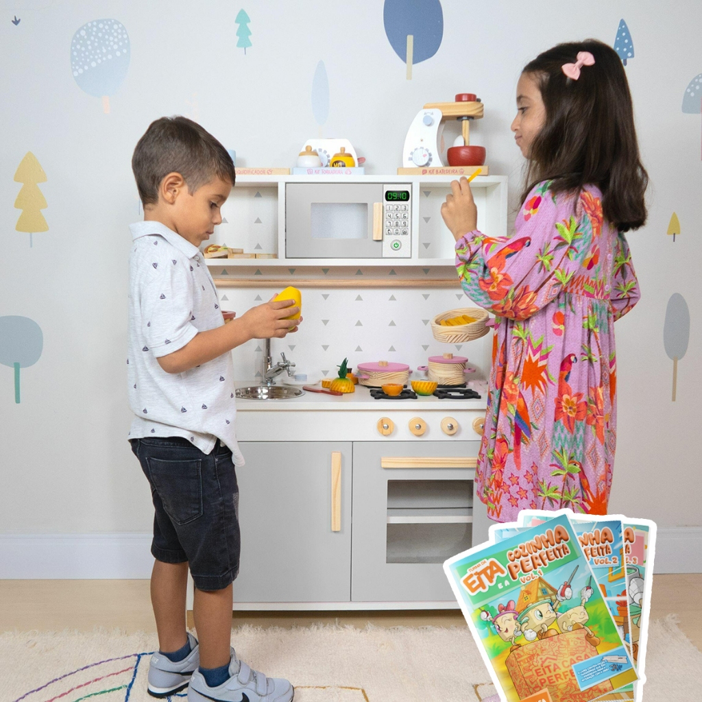 Kit Educativo Cozinha Infantil com Pia Fogão e Microondas - Cinza em Oferta na Shopee