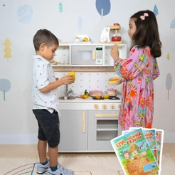 Cozinha Infantil Pia Fogão Microondas Madeira Cinza Faz de Conta Chef Pedagógico Kit Livro Educativo