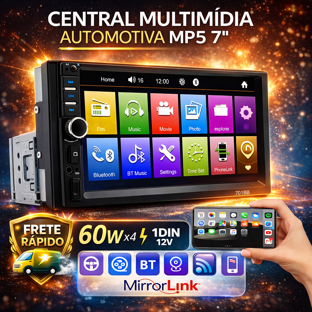 Central Multimídia 7" Bluetooth MP5 CarPlay Android Auto Mirrorlink USB Rádio FM Espelhamento Tela