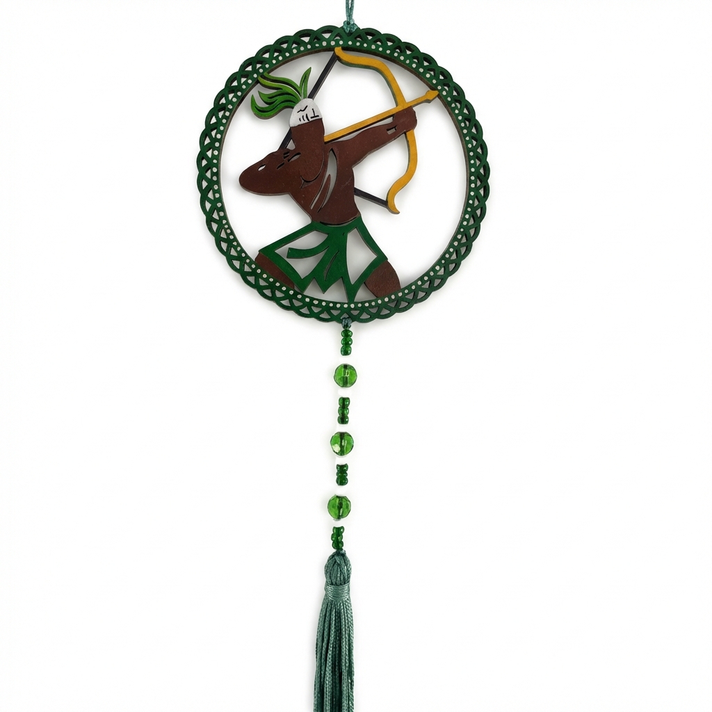 Mandala Imagem Orixá Oxóssi Mdf Contas de Cristal Verde Decoração