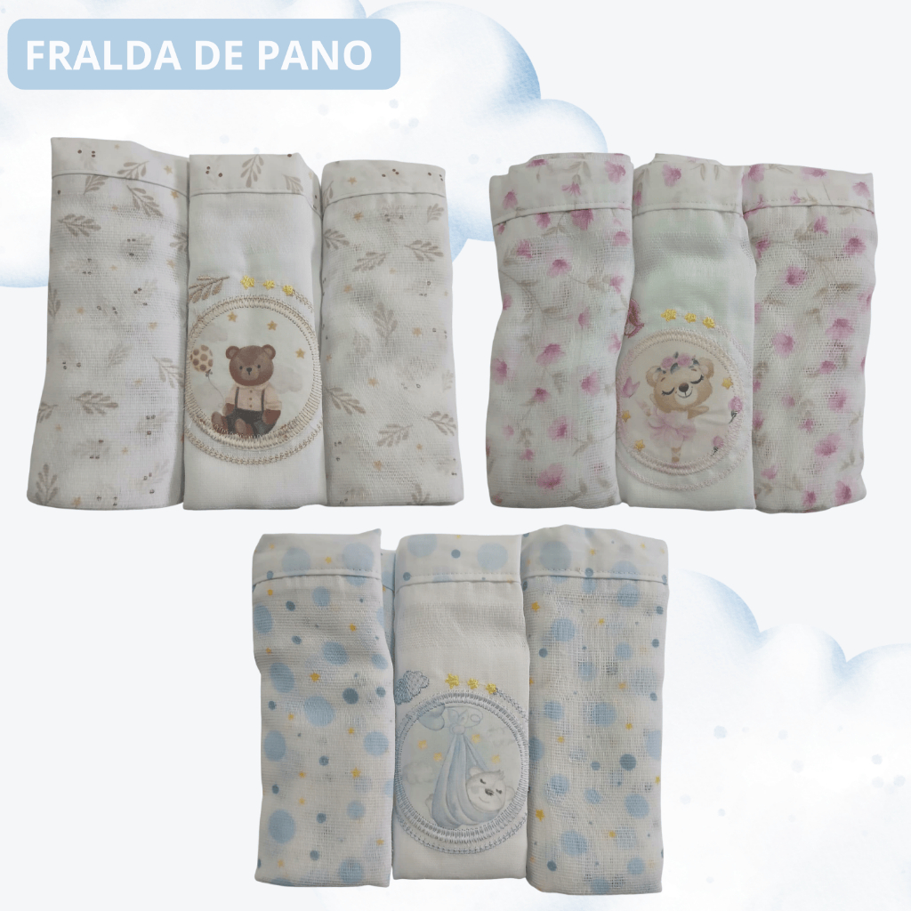 FRALDA DE PANO BEBÊ BORDADO/ESTAMPADO 70X68 CM C/3 UN M.MIMO