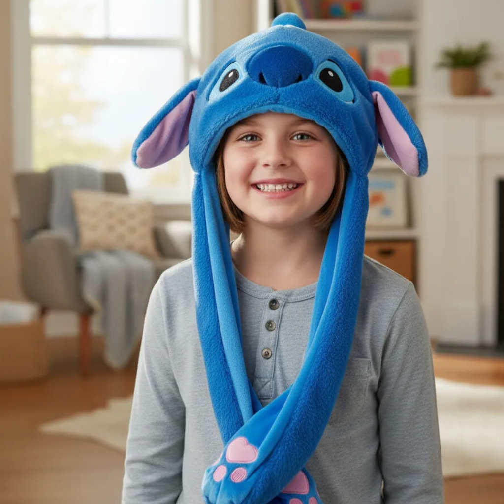 Touca Gorro Pelúcia Stitch Mexe Levanta Orelha Frio Infantil