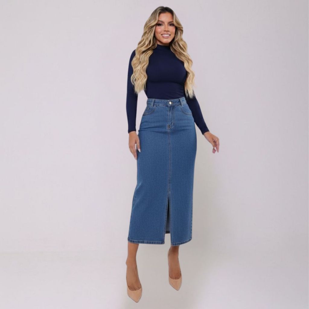 Saia Midi Feminina Miria Jeans Cintura Alta com Modelagem Confortável 100% Algodao Com Fenda em Oferta na Shopee