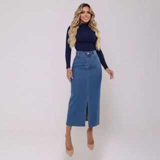 Saia Midi Feminina Miria Jeans Cintura Alta com Modelagem Confortável 100% Algodao Com Fenda em Oferta na Shopee
