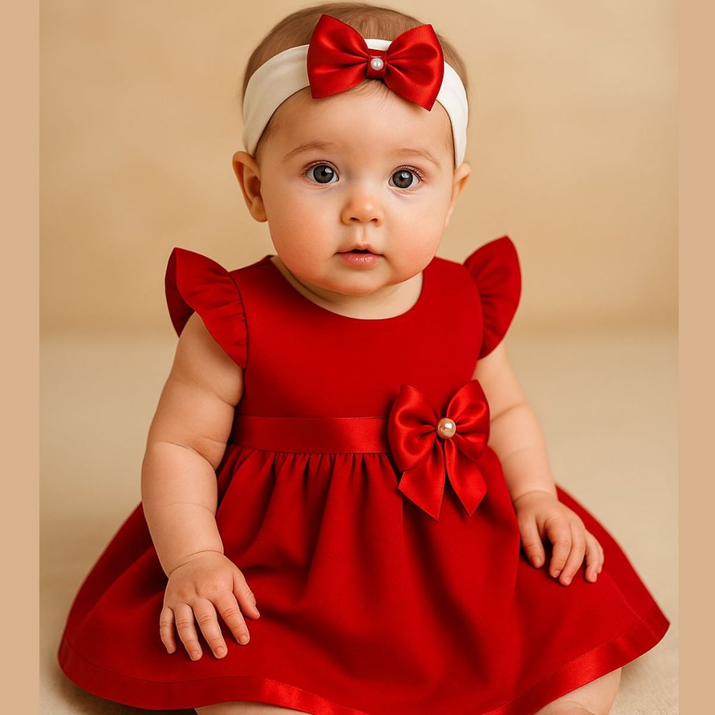 Vestido Princesa Curto Luxo Para Bebê Menina com Faixa de Cabelo 02 Peças