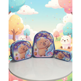 Conjunto Escolar Infantil Capivara 3 Peças, Kit Mochila com Lancheira Térmica e Estojo,