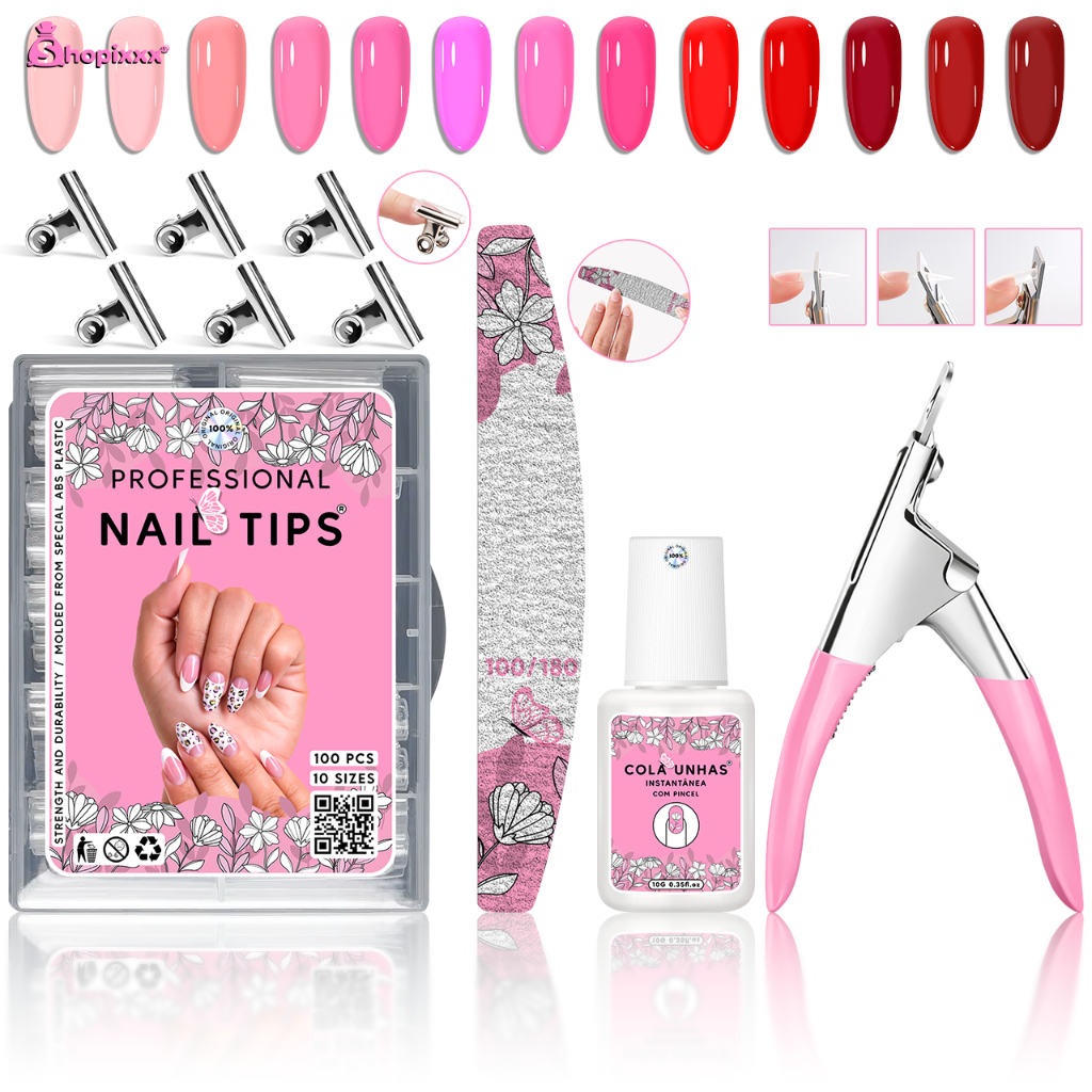 Kit Alongamento Manicure Com 100 Unha Tips + Alicate Cortador De Tips + Cola Pincel De Unhas + 1 Lixa em Oferta na Shopee