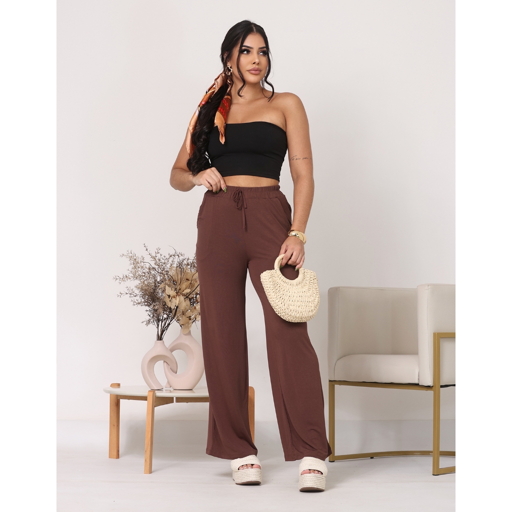 Calça Feminina Flare Cintura Alta com Bolsos Pantalona Viscolycra Verão Maternidade Casual Trabalho