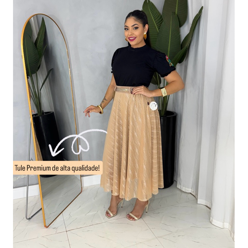 Saia longa moda evangélica Forrada De Tule trabalhado Com Cinto Feminina em Oferta na Shopee