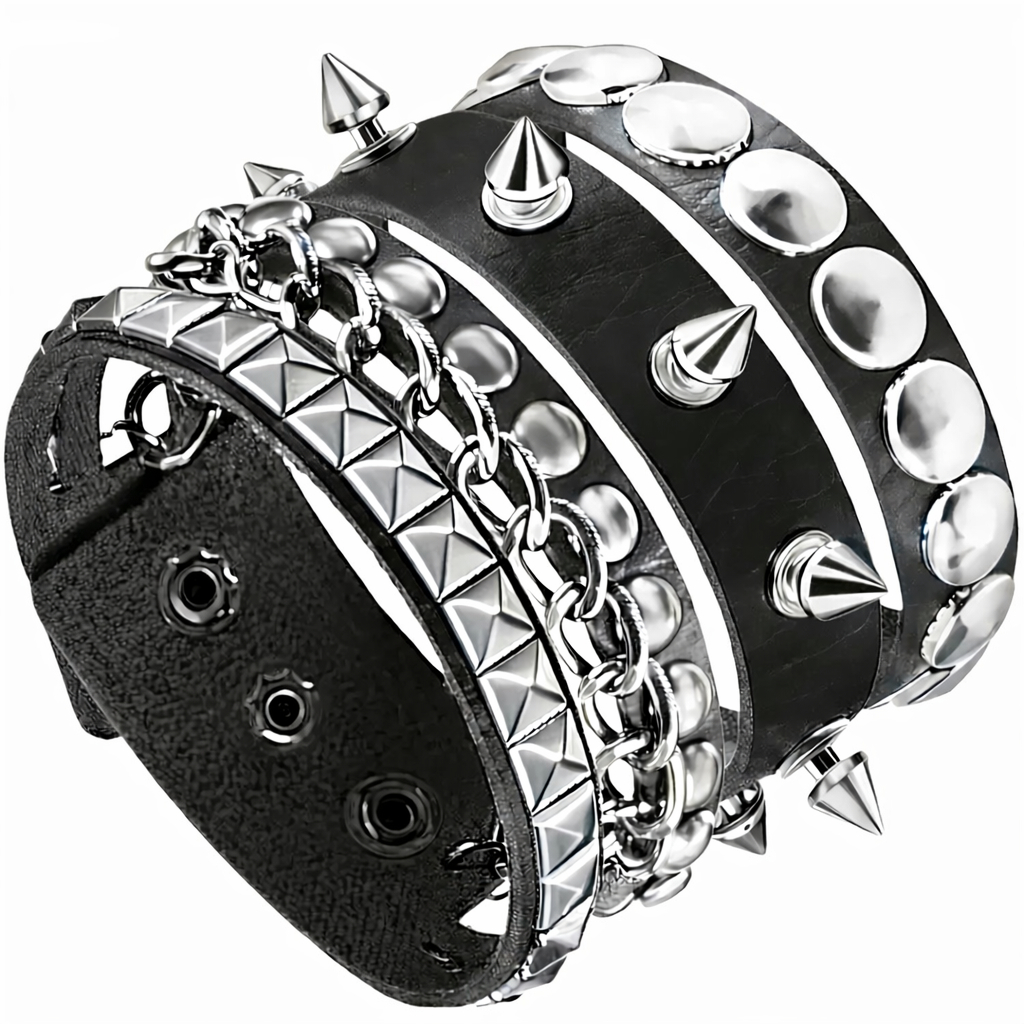Kit 3 Pulseiras Punk Rock Masculina Couro Preto com Corrente e Rebites Prata / Gun Black Ajustável Unissex