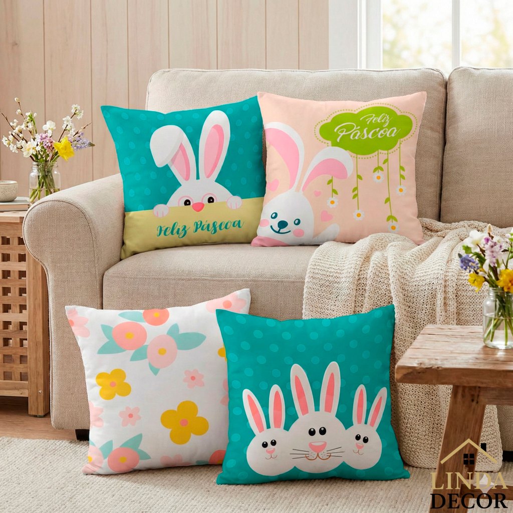 Kit 4 Capas de Almofadas Páscoa 45x45 Oxford e Zíper invisível Estampa Frente e Verso FELIZ PÁSCOA – Linda Decor em Oferta na Shopee