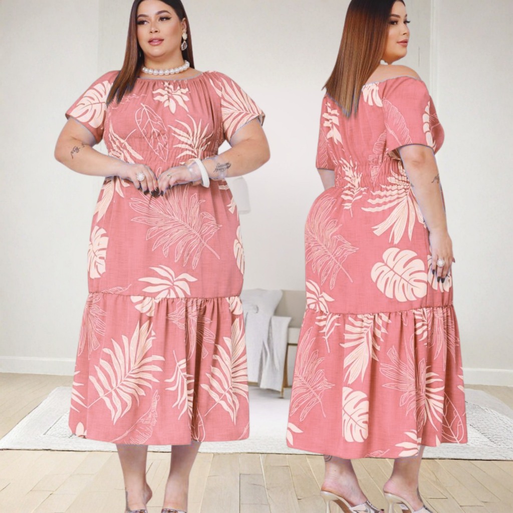 Vestido Longo Plus Size Ciganinha Ombro a Ombro com Elastex na Cintura e Babado Tecido Duna 40 ao 52