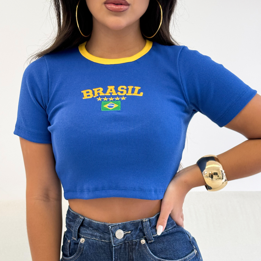 Cropped Seleção Brasileira Feminino Copa 2026 Blusa Brasil Bordada Verde Amarelo Manga Curta