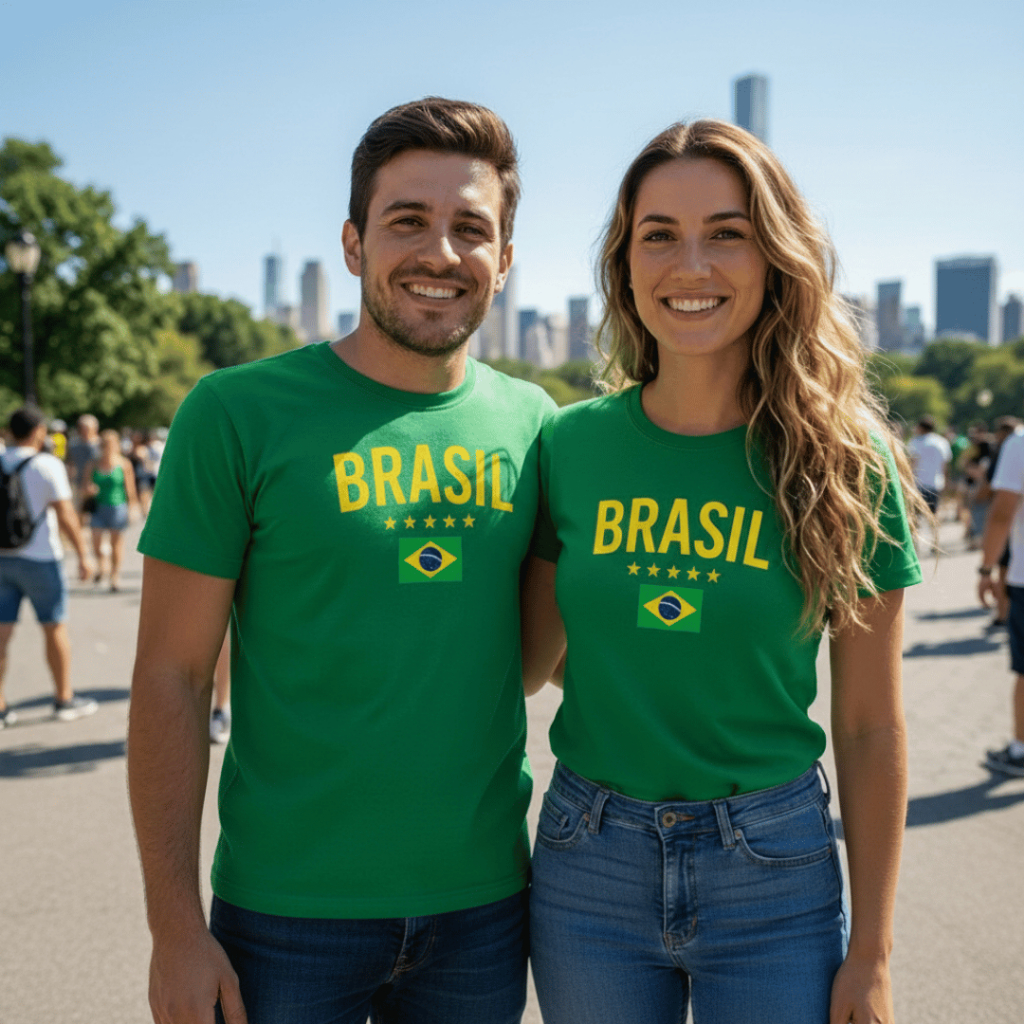 Kit Casal Seleção Brasileira – Camisetas “Brasil & Copa & Você & Eu” | Ideal para Torcer Juntos FULL em Oferta na Shopee