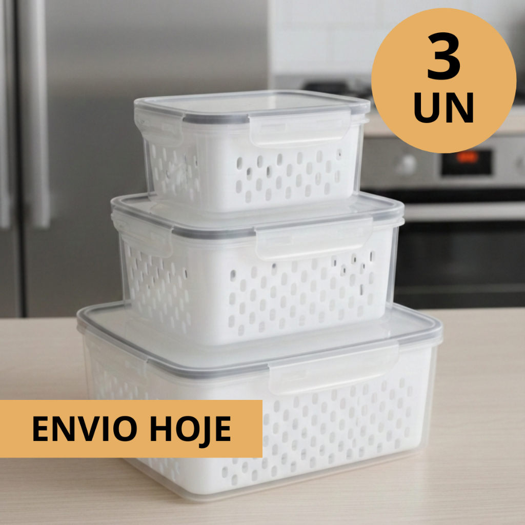Kit 3 Potes Hermético Conjunto Com Cesto Escorredor Organizadores Cozinha Geladeira Caixa