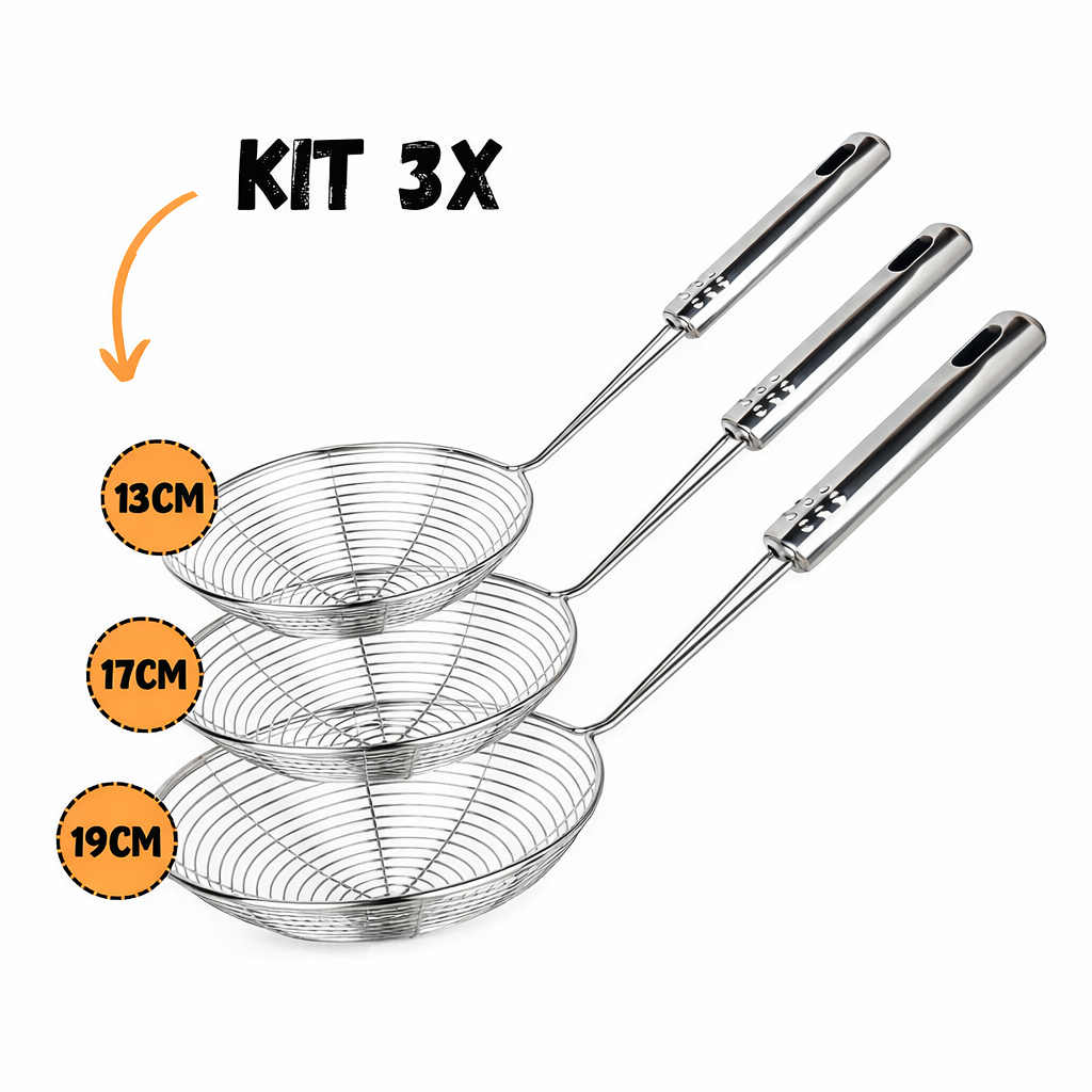 Kit 3 Escumadeira Fritura Inox Batata Pastel Resistente 13/17/19cm