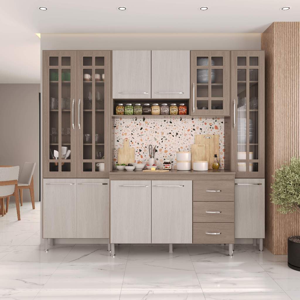 Armário de Cozinha Modulada Compacta Fidelitá Paris 4 Peças 225cm 11 Portas 3 Gavetas Com Tampo Nogal/Salinas em Oferta na Shopee