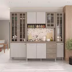 Armário de Cozinha Modulada Compacta Fidelitá Paris 4 Peças 225cm 11 Portas 3 Gavetas Com Tampo Nogal/Salinas
