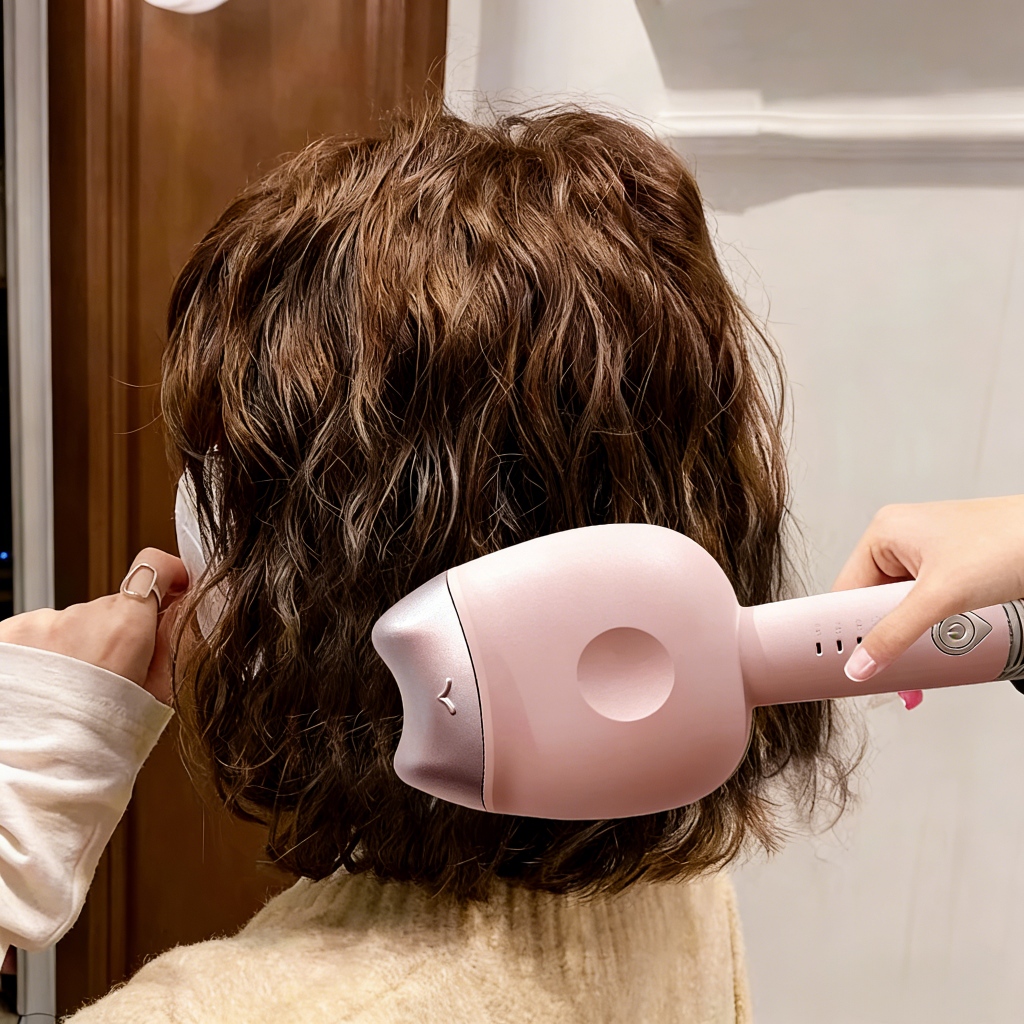 Modelador de cachos estilo triondas na cor rosa sendo utilizado no cabelo de uma pessoa