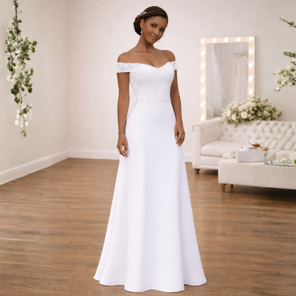 Vestido Longo Ombro a Ombro Branco Noiva Civil Casamento Cartório #N483