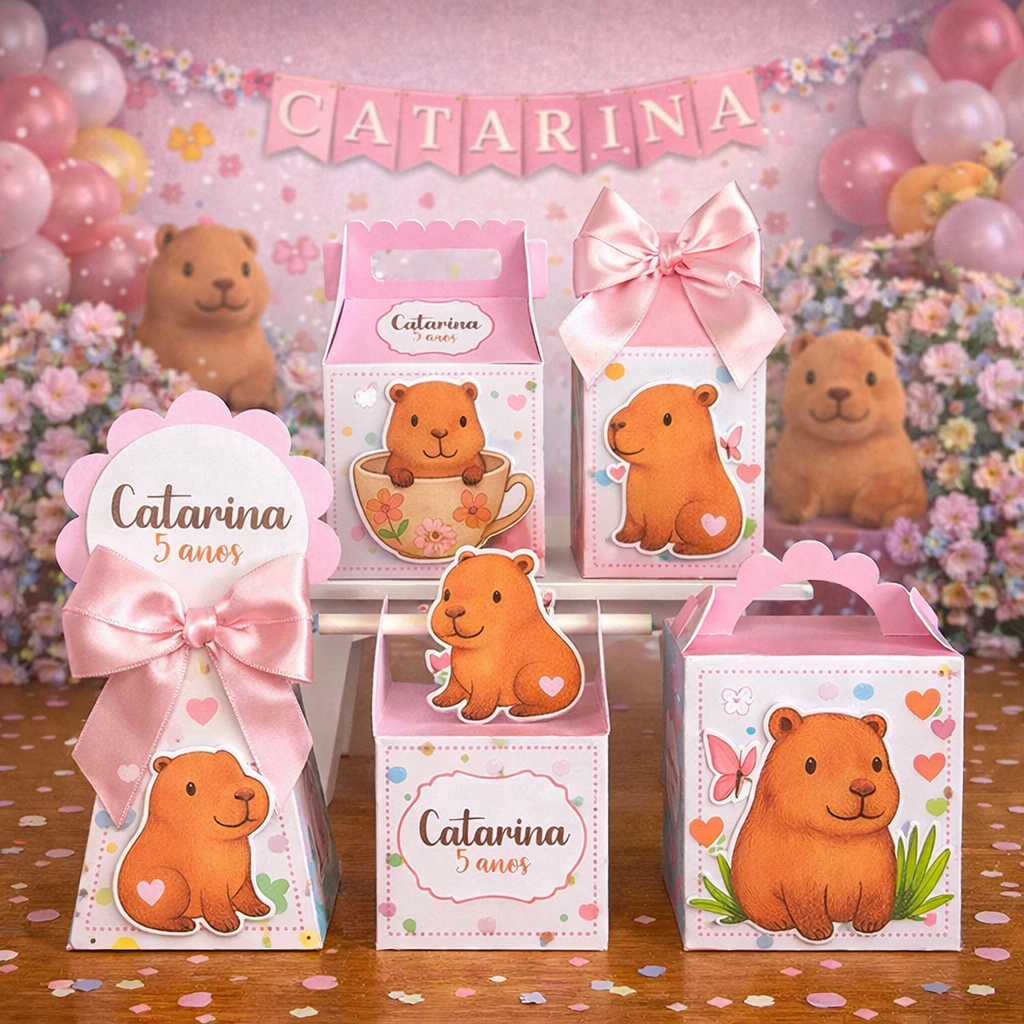 Kit Caixinhas Personalizadas Capivara Menina | Pegue e Monte | Lembrancinha Aniversário e Festa Infantil