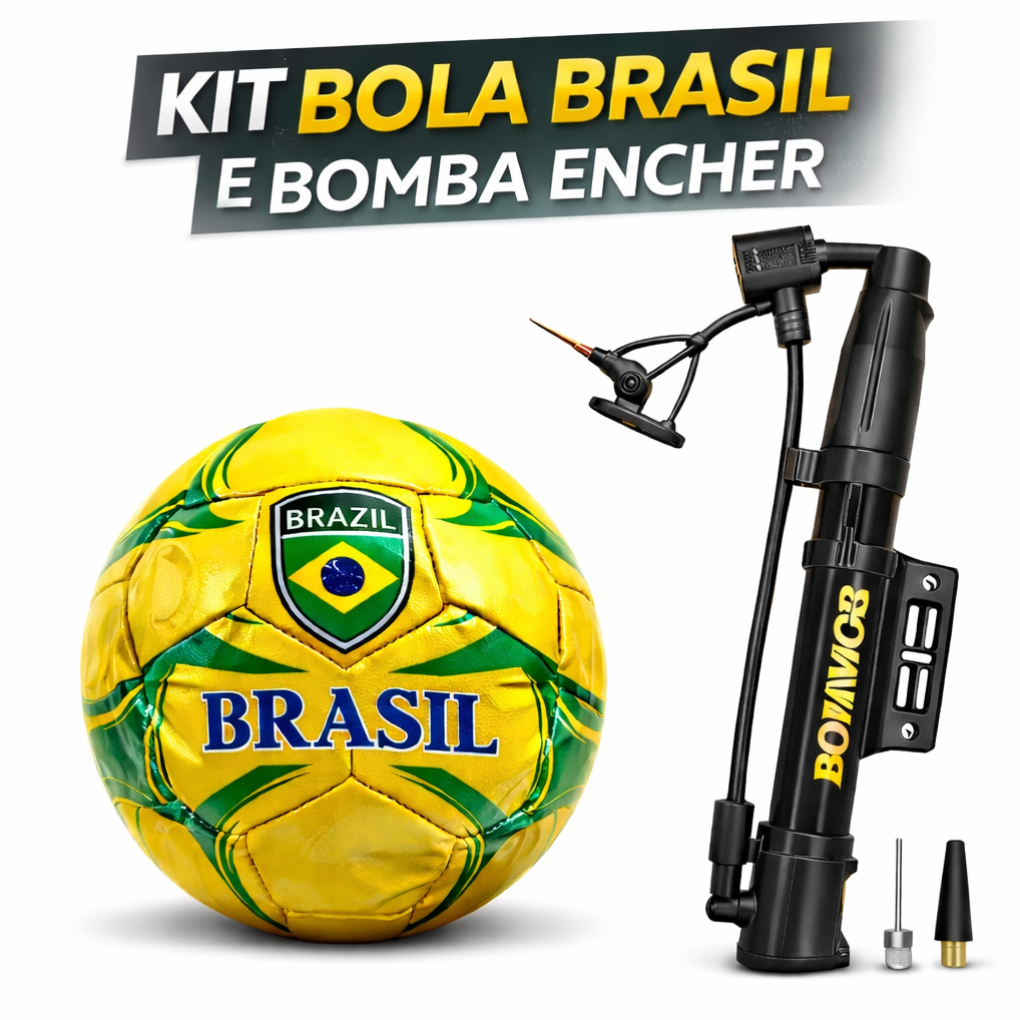 Kit Bola Futebol Brasil + Bomba De Ar Portátil Bomvick Com Agulha | Inflador Manual Para Bola