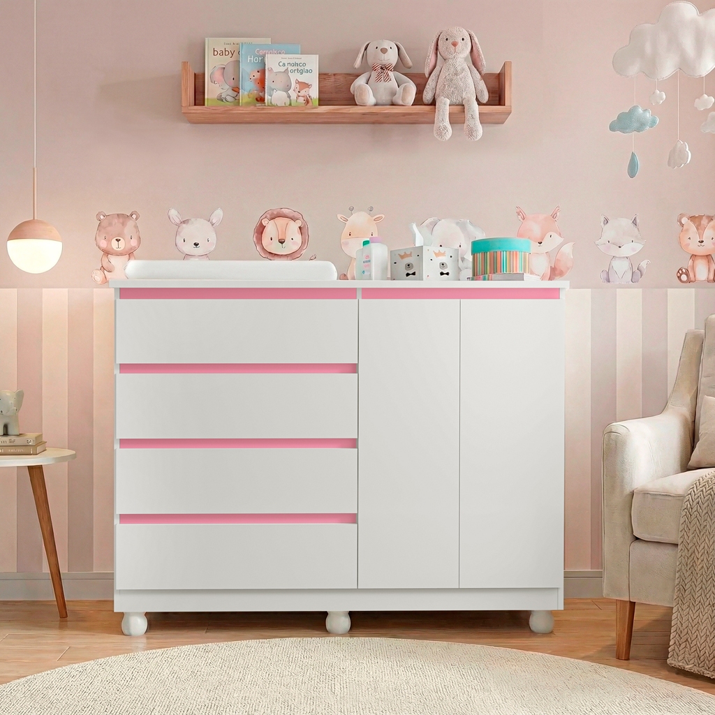 Cômoda Infantil Multiuso com Trocador 4 Gavetas 2 Porta Cabideiro Alumínio Rodízios com Trava em Oferta na Shopee