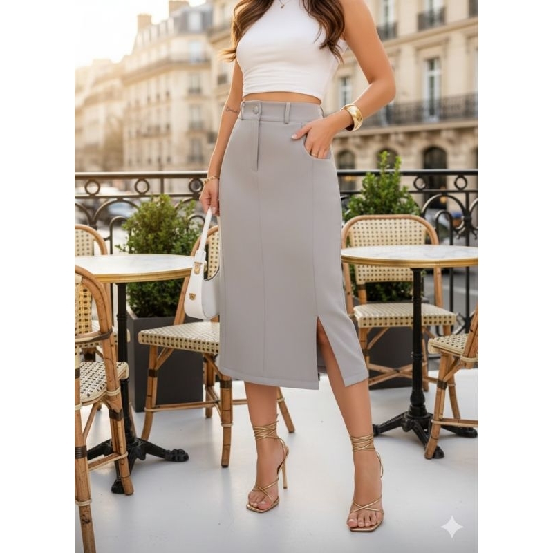 Saia Longa monocromática em alfaiaria , com bolsa laterais e detalhas em ziper e botao em Oferta na Shopee