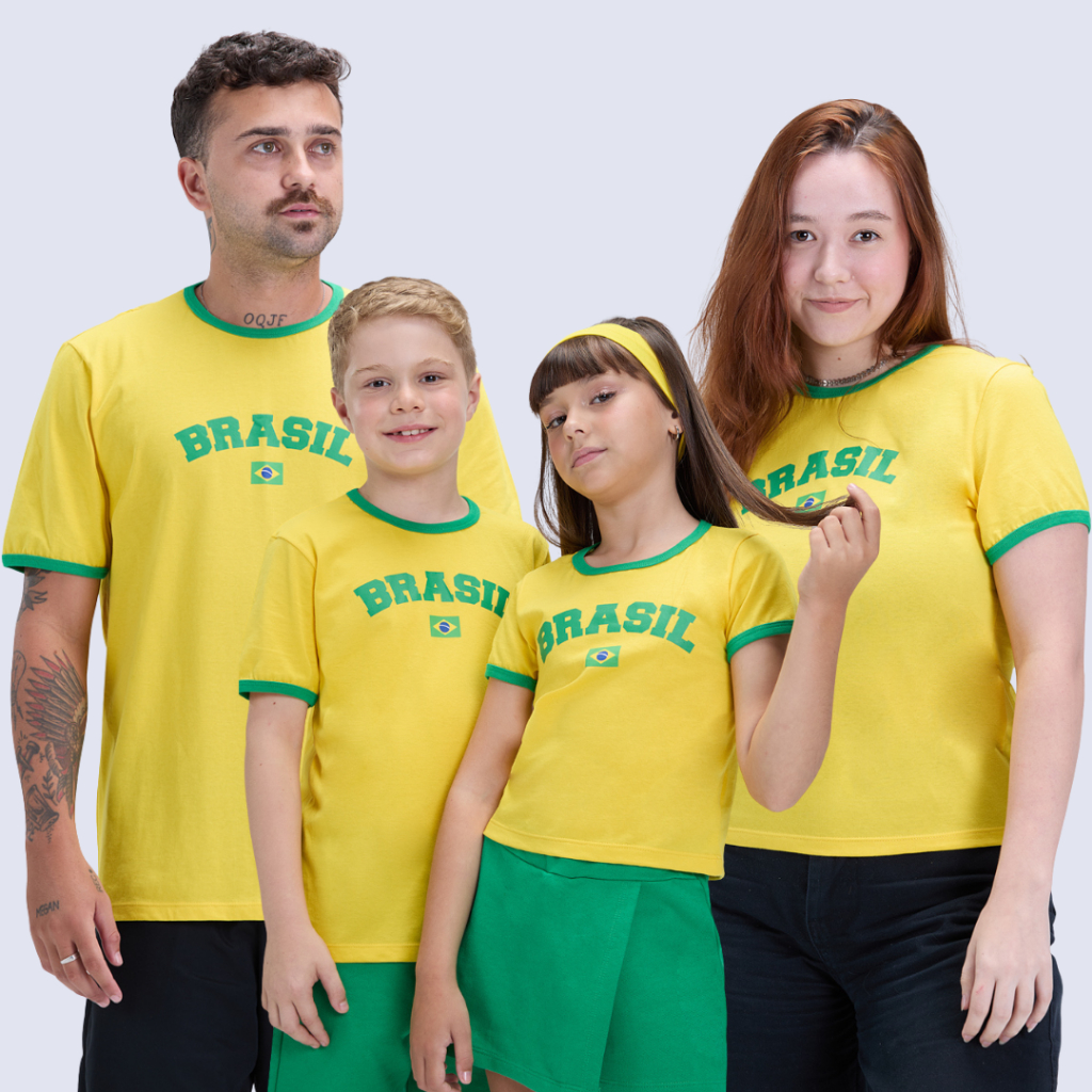 Copa em Família | Camiseta Brasil Adulto e Conjuntos Infantis Menino e Menina