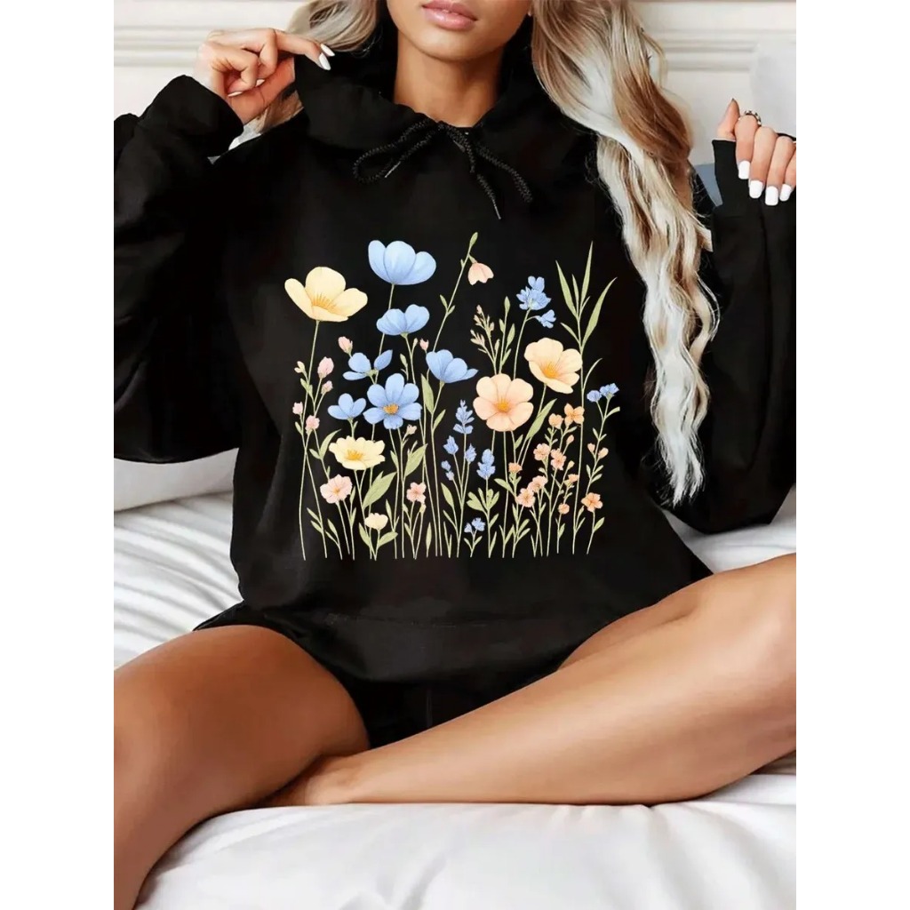 Moletom Canguru Estampa Flores do Campo Casaco de Frio Blusa Algodão Confortável Feminino Unissex Academia Passeio