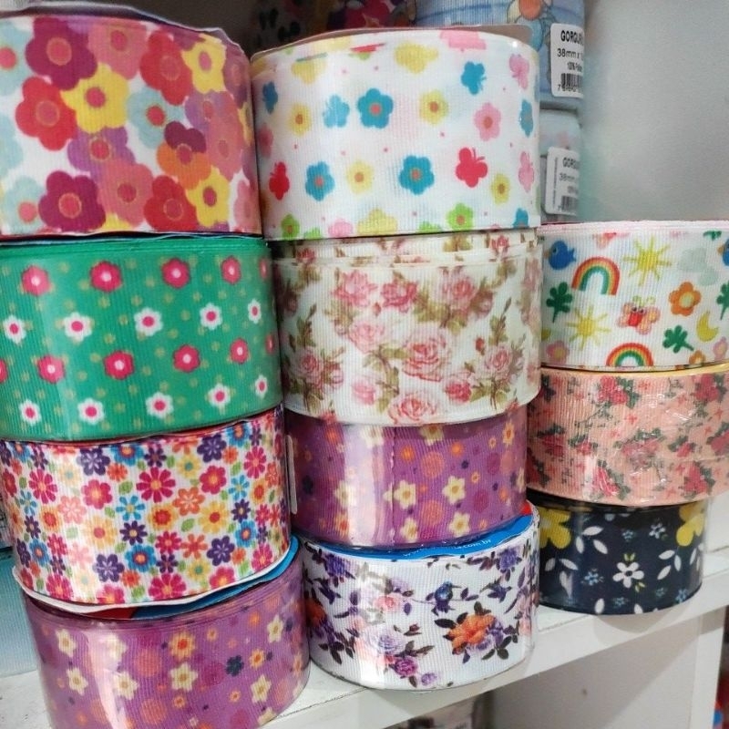 Fita Gorgurao estampada Flores 38mm em Oferta na Shopee
